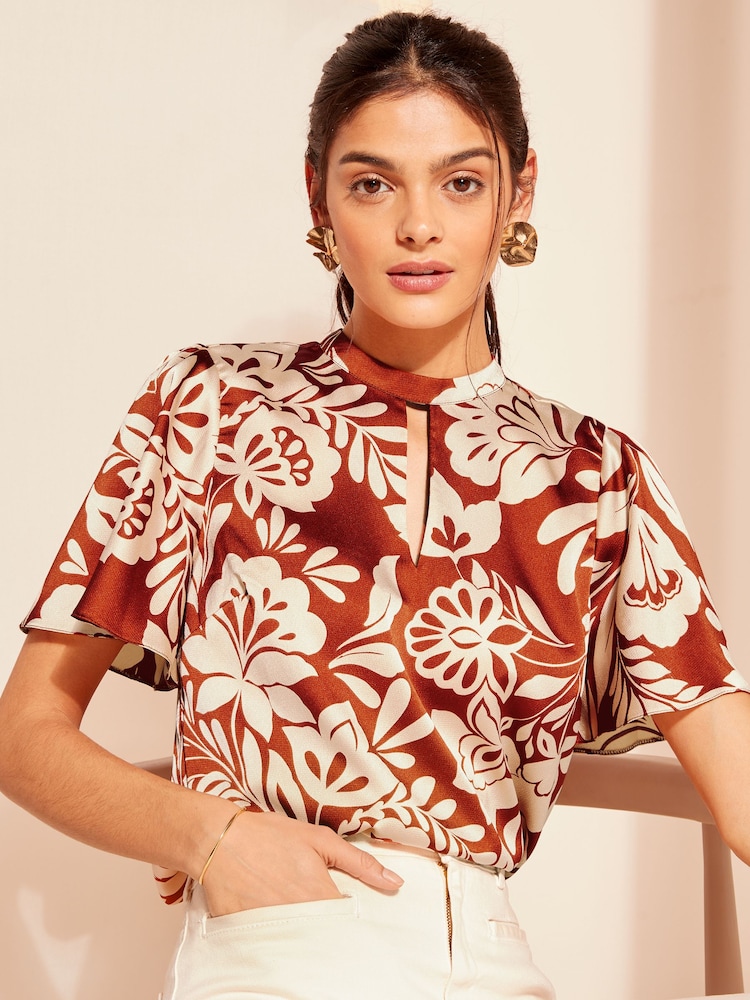 Friends Like These Red Floral Printed Flutter Sleeve Keyhole Blouse - Image 1 of 4