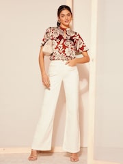 Friends Like These Red Floral Printed Flutter Sleeve Keyhole Blouse - Image 3 of 4