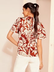 Friends Like These Red Floral Printed Flutter Sleeve Keyhole Blouse - Image 4 of 4