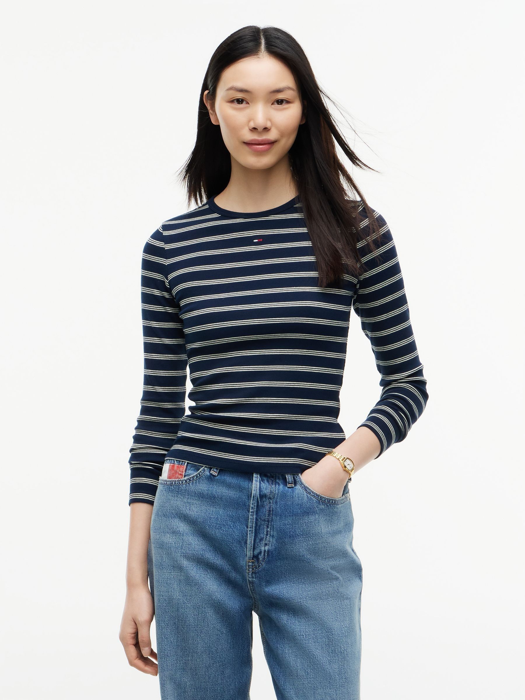 Tommy Jeans Women's Dark Blue Slim Ribbed Long Sleeve T-Shirt - Image 1