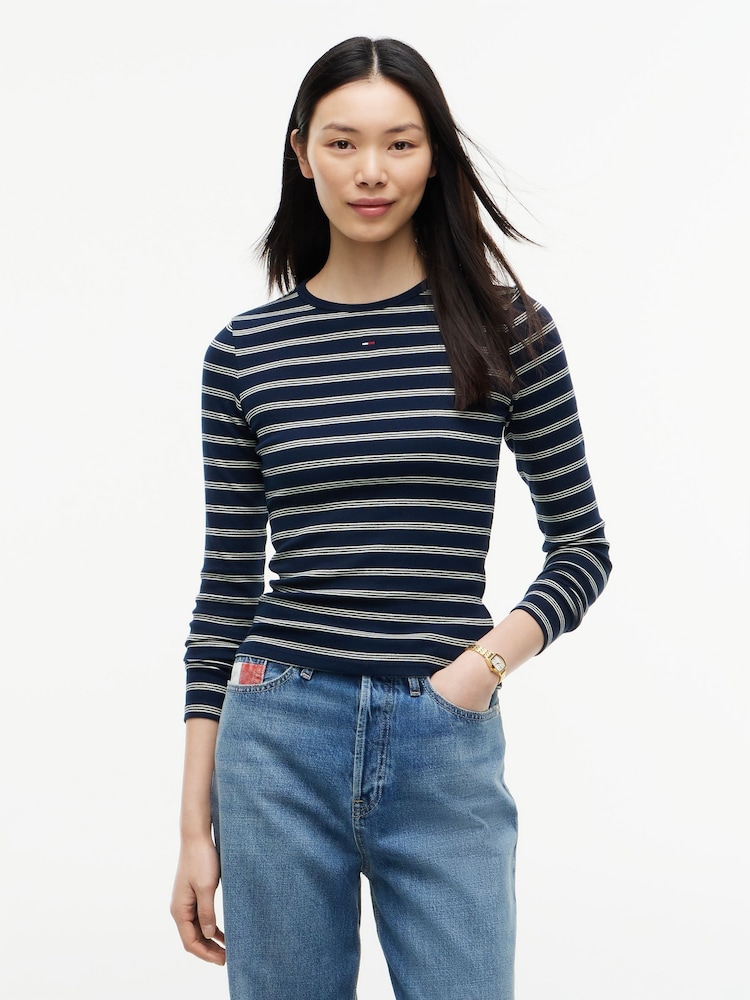Ciemnoniebieski - Dopasowana koszulka Tommy Jeans z prążkowaniem i długim rękawem - Obraz 1 z 5 Ciemnoniebieski - Dopasowana koszulka Tommy Jeans z prążkowaniem i długim rękawem - Obraz 1 z 5