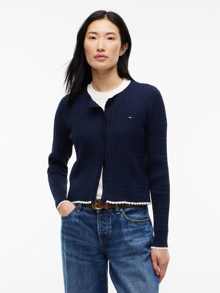 Albastru - Tommy Jeans Cable Knit Scalloped Trim Slim Cardigan - Imaginea 1 din 5