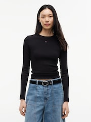 Czarny - Dopasowana koszulka Tommy Jeans z prążkowaniem i długim rękawem - Obraz 1 z 5