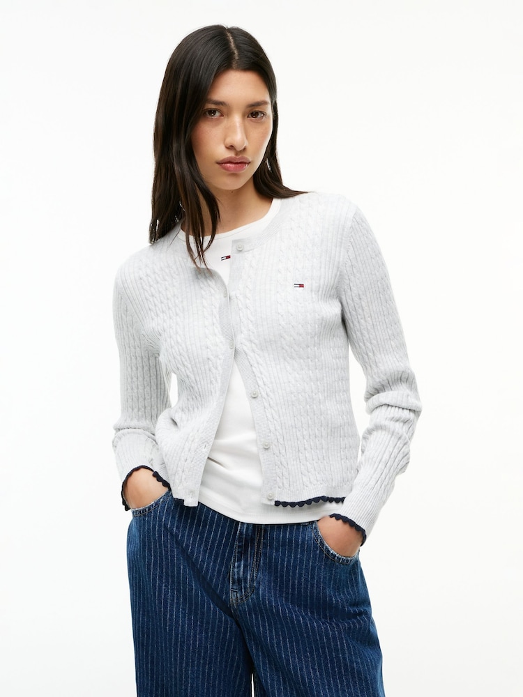 Gri - Tommy Jeans Cable Knit Scalloped Trim Slim Cardigan - Imaginea 1 din 5