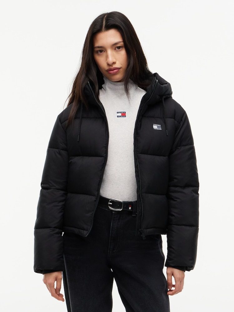 Tommy Jeans Black Ripstop Hooded Puffer Jacket - Image 1 of 6