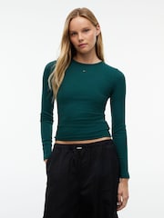 Tommy Jeans Green Slim Ribbed Long Sleeve T-Shirt - Image 1 of 5