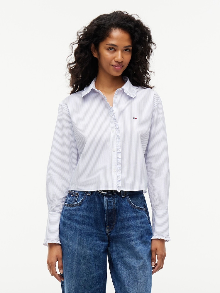 Tommy Jeans Blue Relaxed Fit Ruffle Poplin Shirt - Image 1 of 5 Tommy Jeans Blue Relaxed Fit Ruffle Poplin Shirt - Image 1 of 5