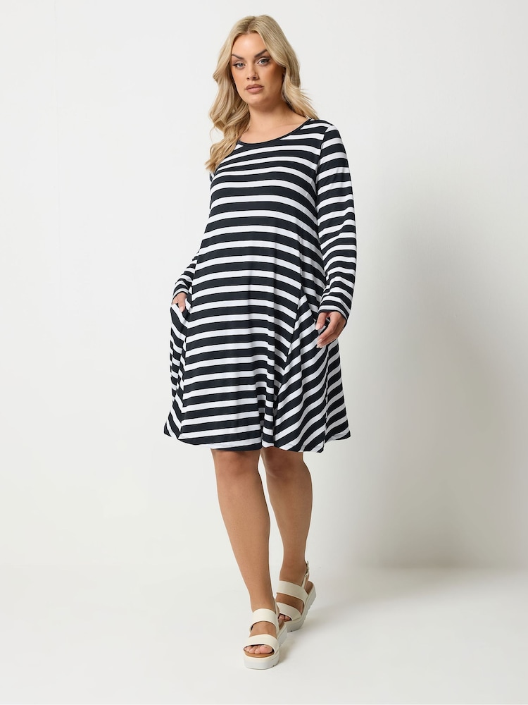 Yours Curve Black/White Stripe Drape Pocket Dress - Image 1 of 5