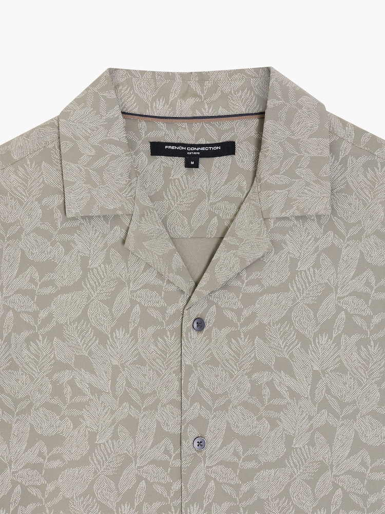French Connection Green Cotton Stretch Leaf Print Button Revere Collar Short Sleeve Shirt - Image 6 of 6