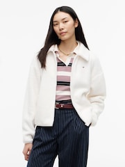 Alb - Hanorac cu fermoar întreg și croi pătrat din fleece teddy Tommy Jeans - Imaginea 1 din 5