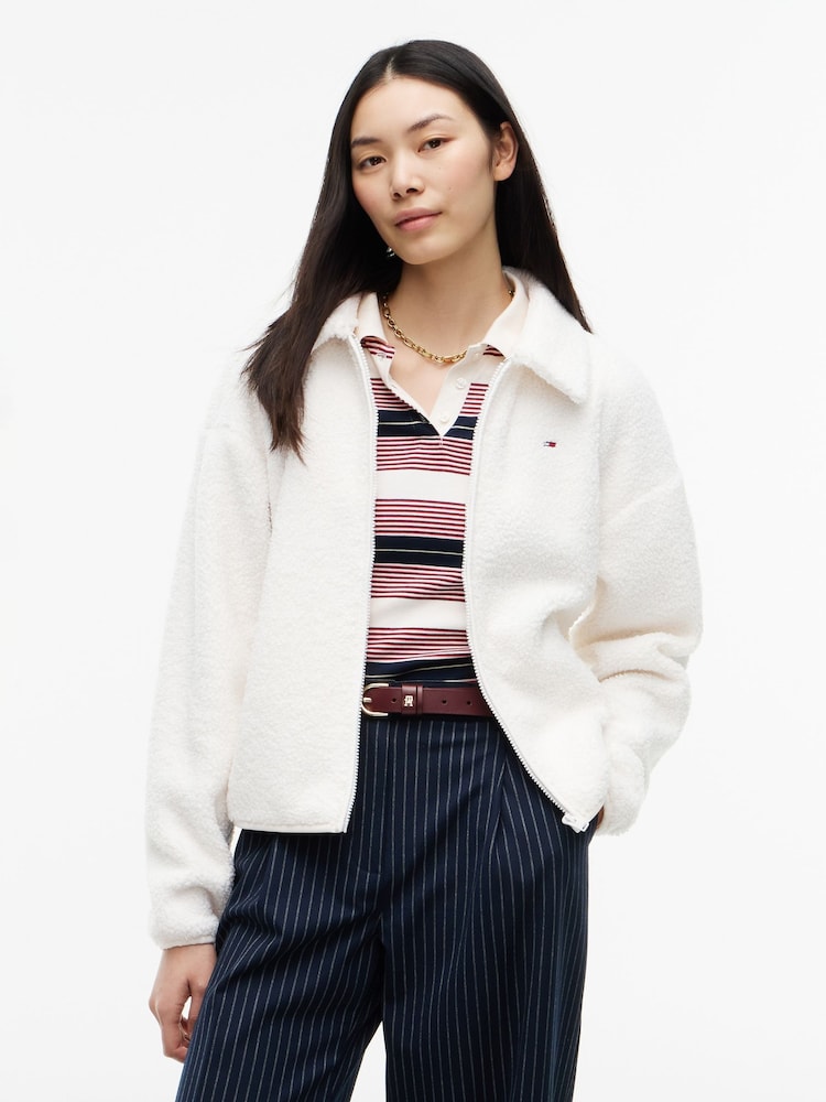 Alb - Hanorac cu fermoar întreg și croi pătrat din fleece teddy Tommy Jeans - Imaginea 1 din 5