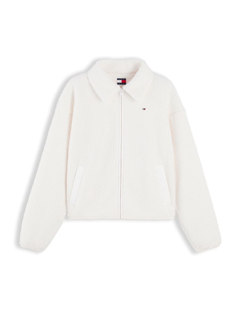 Alb - Hanorac cu fermoar întreg și croi pătrat din fleece teddy Tommy Jeans - Imaginea 5 din 5