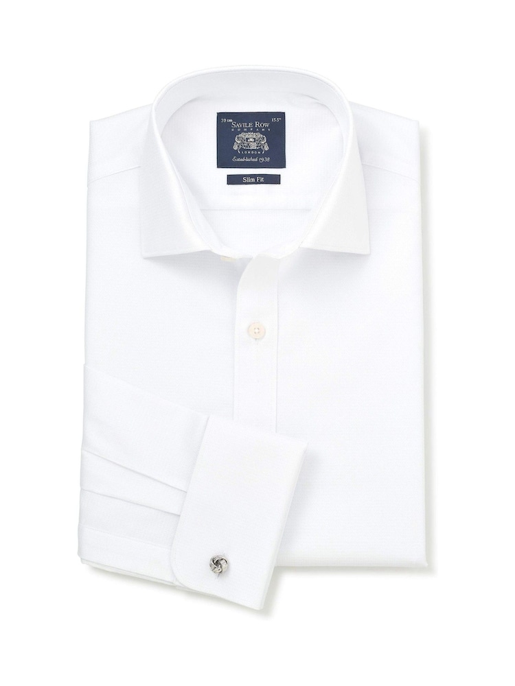 Savile Row Company White Slim Fit Textured Cotton Dobby Double Cuff Formal Shirt - Image 1 of 3