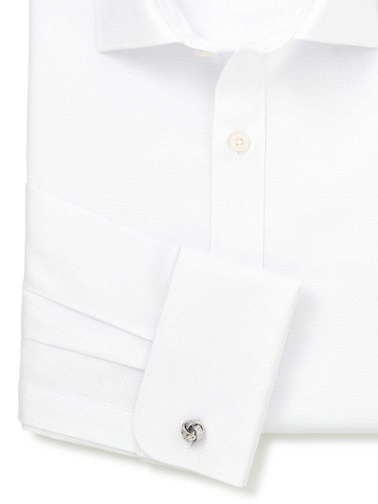Savile Row Company White Slim Fit Textured Cotton Dobby Double Cuff Formal Shirt - Image 3 of 3