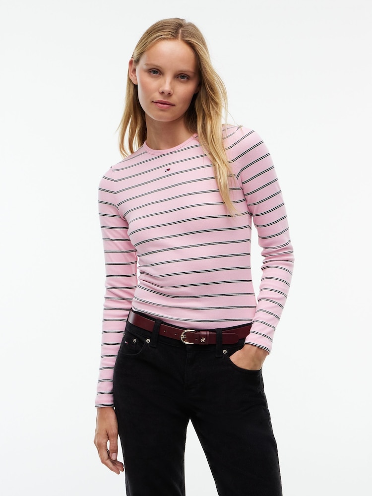 Tommy Jeans Pink Slim Ribbed Long Sleeve T-Shirt - Image 1 of 5 Tommy Jeans Pink Slim Ribbed Long Sleeve T-Shirt - Image 1 of 5