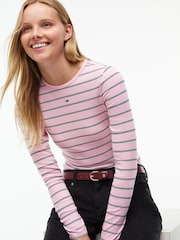 Tommy Jeans Pink Slim Ribbed Long Sleeve T-Shirt - Image 4 of 5