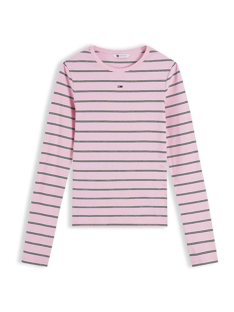 Tommy Jeans Pink Slim Ribbed Long Sleeve T-Shirt - Image 5 of 5 Tommy Jeans Pink Slim Ribbed Long Sleeve T-Shirt - Image 5 of 5