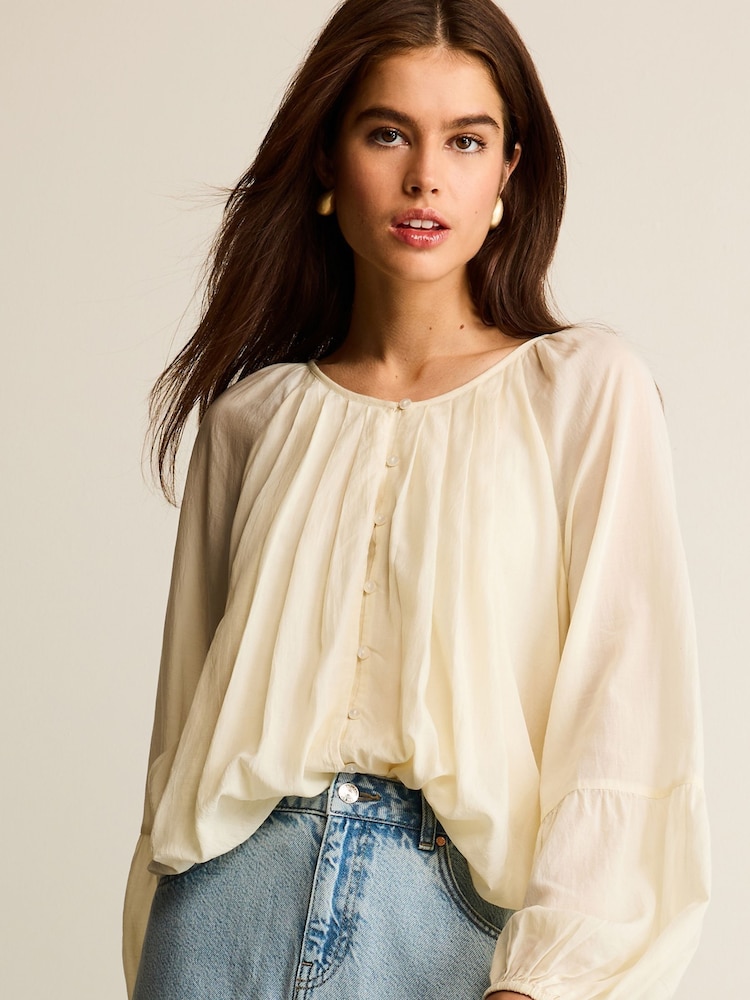 Cream Pleat Front Button Through Long Sleeve Blouse - Image 1 of 7