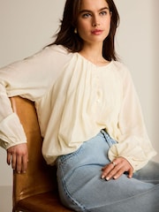 Cream Pleat Front Button Through Long Sleeve Blouse - Image 3 of 7