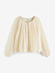 Cream Pleat Front Button Through Long Sleeve Blouse - Image 6 of 7