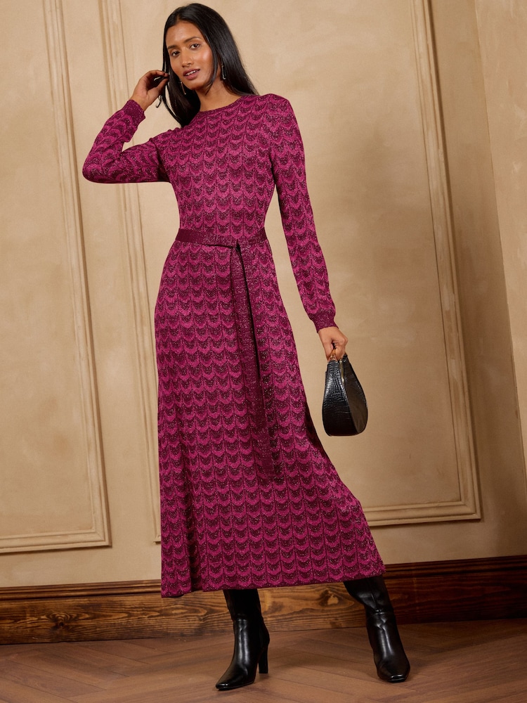 Love & Roses Pink Striped Sparkle Detail Crew Neck Knitted Midi Dress - Image 1 of 4 Love & Roses Pink Striped Sparkle Detail Crew Neck Knitted Midi Dress - Image 1 of 4