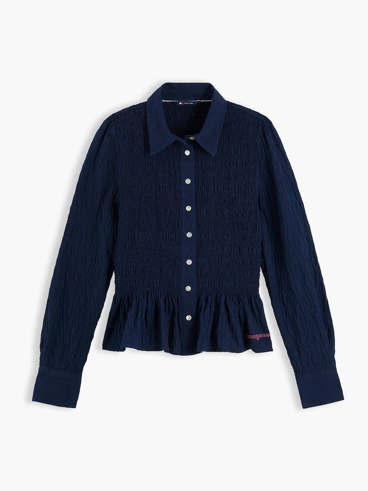 Tommy Jeans Blue Slim Fit Smock Seersucker Shirt - Image 5 of 5 Tommy Jeans Blue Slim Fit Smock Seersucker Shirt - Image 5 of 5