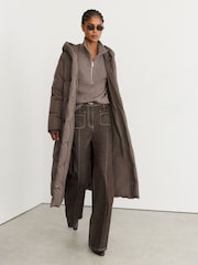 Reiss Taupe Neutral Larissa Petite Belted Longline Hooded Puffer Coat - Image 1 of 9