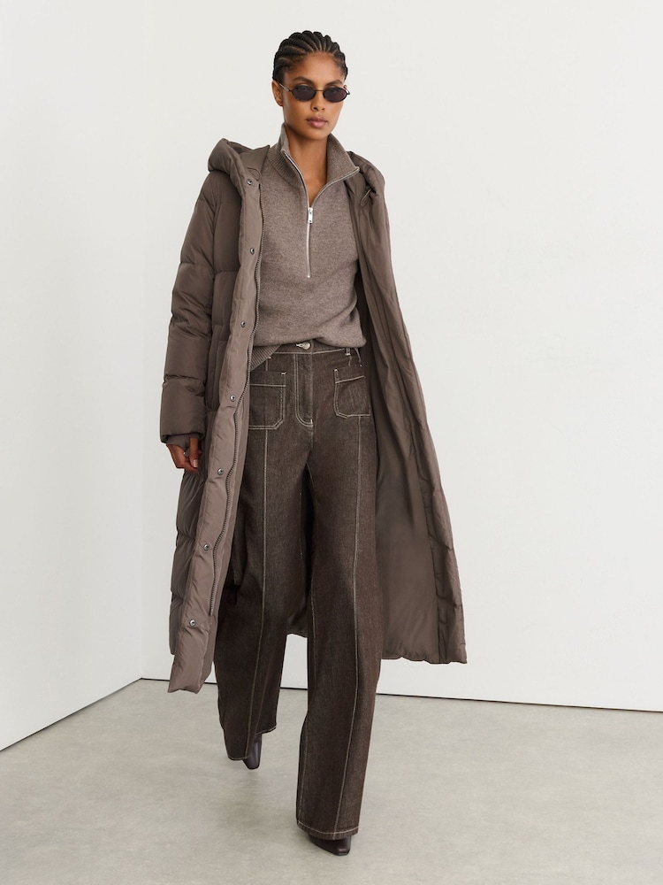 Reiss Taupe Neutral Larissa Petite Belted Longline Hooded Puffer Coat - Image 1 of 9
