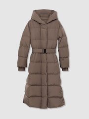 Reiss Taupe Neutral Larissa Petite Belted Longline Hooded Puffer Coat - Image 2 of 9
