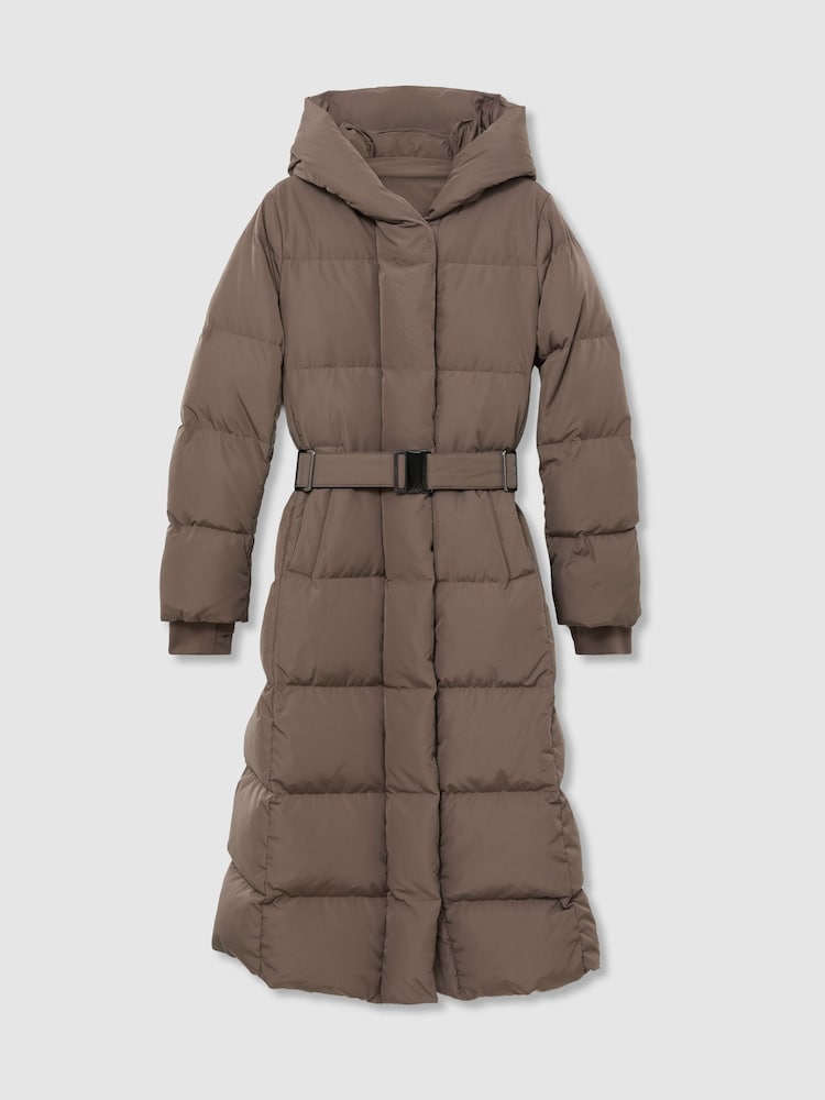 Reiss Taupe Neutral Larissa Petite Belted Longline Hooded Puffer Coat - Image 2 of 9