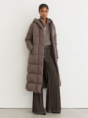 Reiss Taupe Neutral Larissa Petite Belted Longline Hooded Puffer Coat - Image 4 of 9
