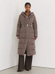 Reiss Taupe Neutral Larissa Petite Belted Longline Hooded Puffer Coat - Image 6 of 9
