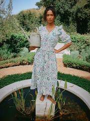 Joules Rosalie Pink/Green V-Neck Frill Dress - Image 6 of 7