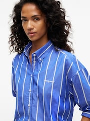 Tommy Jeans Blue Oversized Fit Cropped Gathered Poplin Shirt - Image 4 of 5
