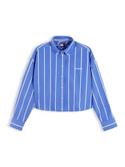 Tommy Jeans Blue Oversized Fit Cropped Gathered Poplin Shirt - Image 5 of 5
