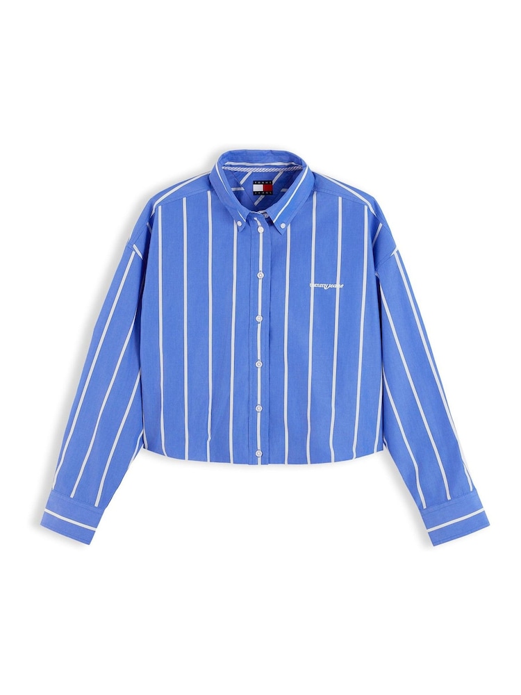 Tommy Jeans Blue Oversized Fit Cropped Gathered Poplin Shirt - Image 5 of 5 Tommy Jeans Blue Oversized Fit Cropped Gathered Poplin Shirt - Image 5 of 5