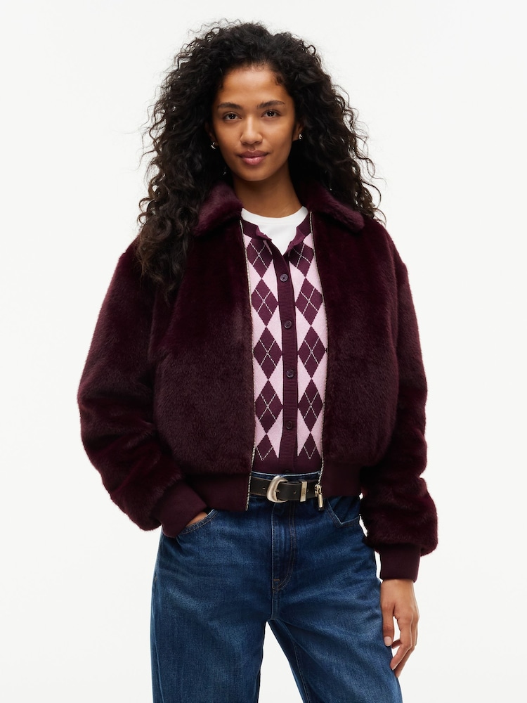 Tommy Jeans Pink Faux Fur Relaxed Zip-Thru Jacket - Image 1 of 6