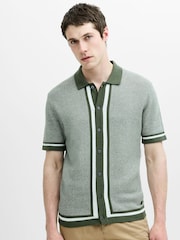 French Connection Green Cotton Contrast Striped Button Short Sleeve Polo Shirt - Image 1 of 6