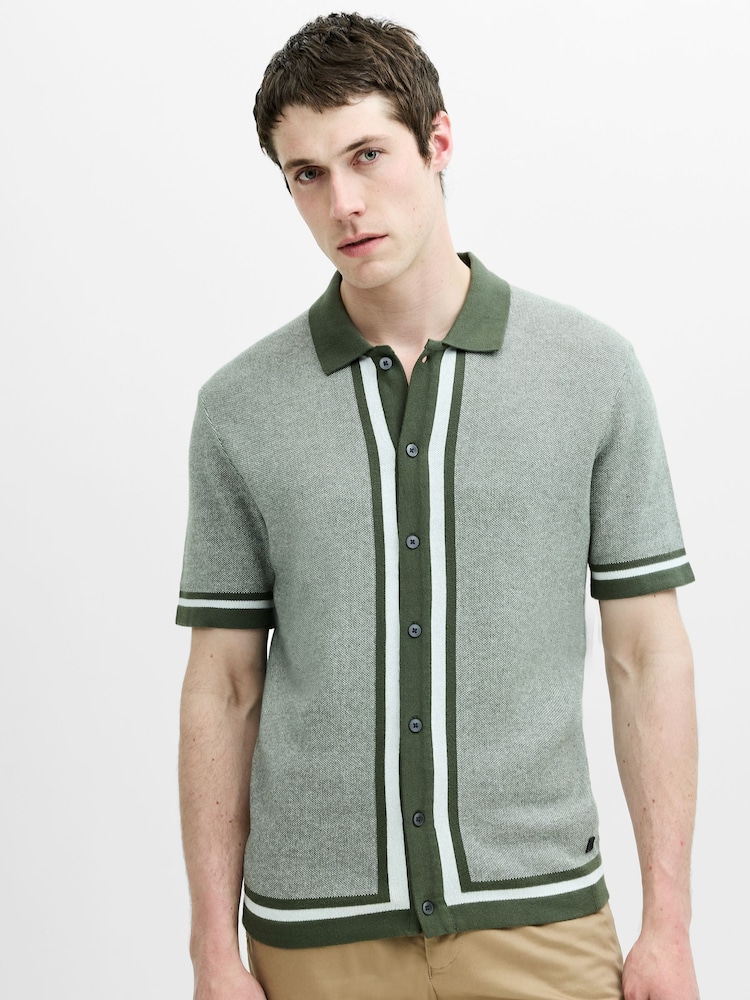 French Connection Green Cotton Contrast Striped Button Short Sleeve Polo Shirt - Image 1 of 6