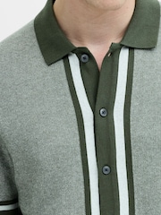 French Connection Green Cotton Contrast Striped Button Short Sleeve Polo Shirt - Image 2 of 6