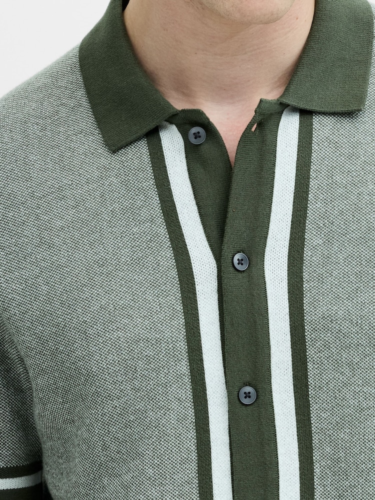 French Connection Green Cotton Contrast Striped Button Short Sleeve Polo Shirt - Image 2 of 6