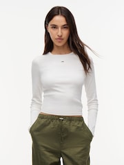 Tommy Jeans White Slim Ribbed Long Sleeve T-Shirt - Image 1 of 6