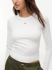 Tommy Jeans White Slim Ribbed Long Sleeve T-Shirt - Image 4 of 6