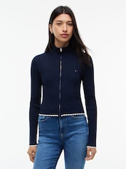 Tommy Jeans Blue Micro Cable Knit Slim Zip-Thru Jumper - Image 1 of 5