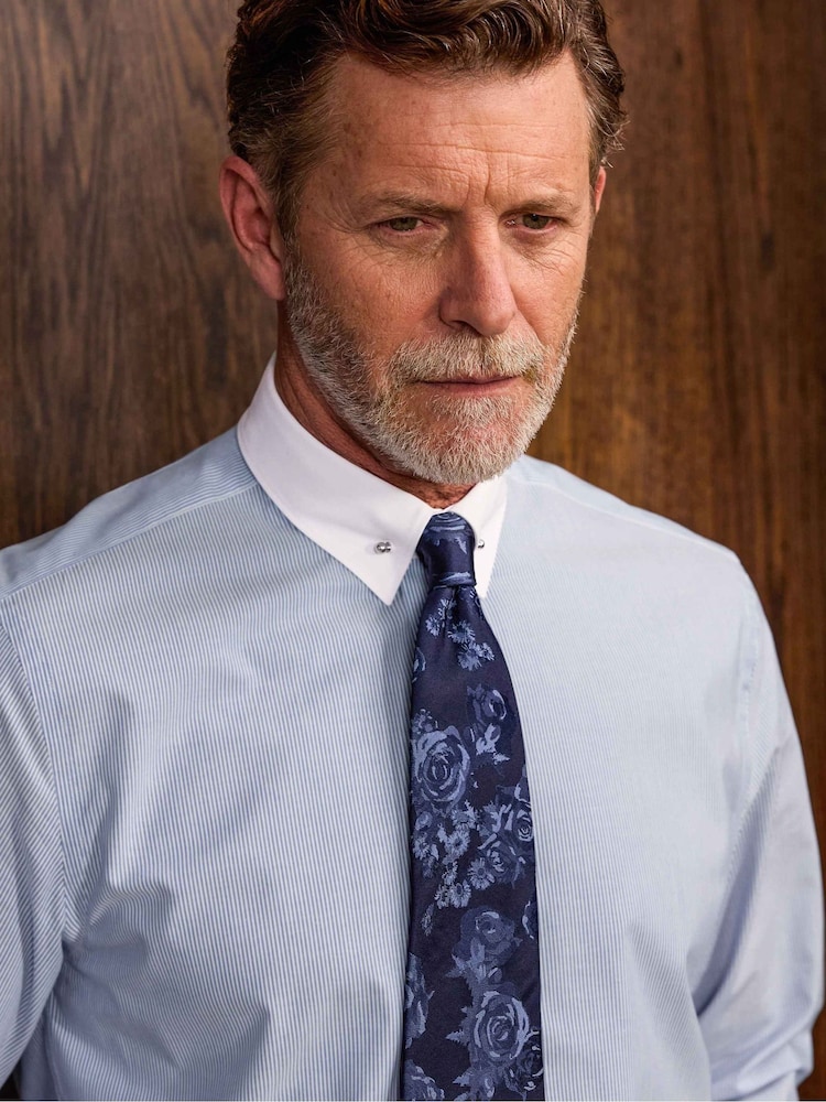 Savile Row Company Blue Slim Fit Striped Cotton Pin Collar Double Cuff Winchester Formal Shirt - Image 1 of 5