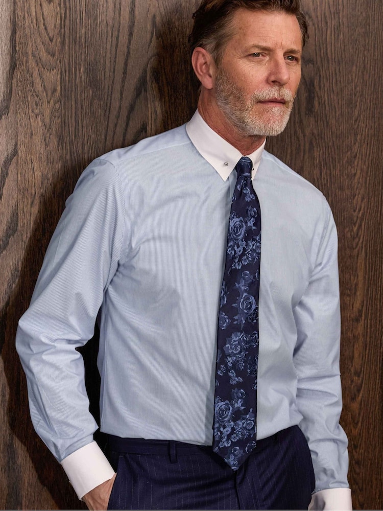 Savile Row Company Blue Slim Fit Striped Cotton Pin Collar Double Cuff Winchester Formal Shirt - Image 2 of 5