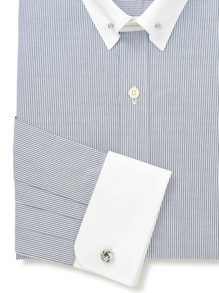 Savile Row Company Blue Slim Fit Striped Cotton Pin Collar Double Cuff Winchester Formal Shirt - Image 5 of 5