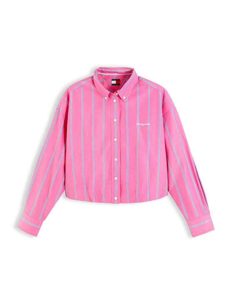 Tommy Jeans Pink Oversized Fit Cropped Gathered Poplin Shirt - Image 5 of 5 Tommy Jeans Pink Oversized Fit Cropped Gathered Poplin Shirt - Image 5 of 5
