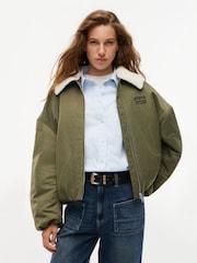 Tommy Jeans Green Faux Fur Collar Oversized Bomber Jacket - Image 1 of 5