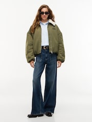 Tommy Jeans Green Faux Fur Collar Oversized Bomber Jacket - Image 3 of 5